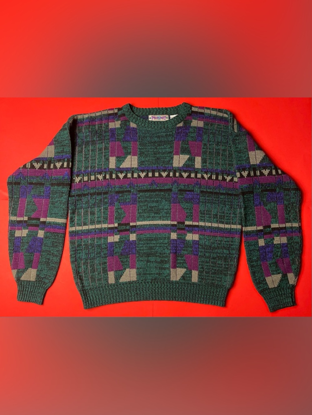 Vintage Patterned Crewneck Sweater - Green & Purple